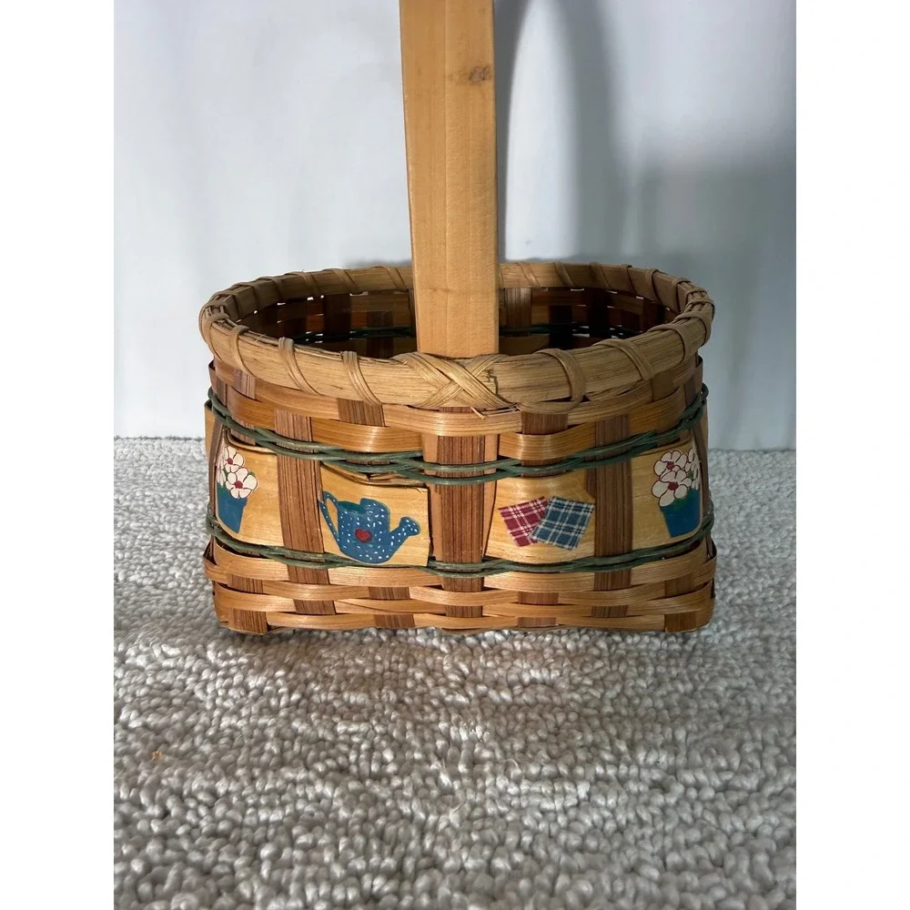 Vintage Hand Painted Woven Wood Basket Country Garden Watering Can Decor‎